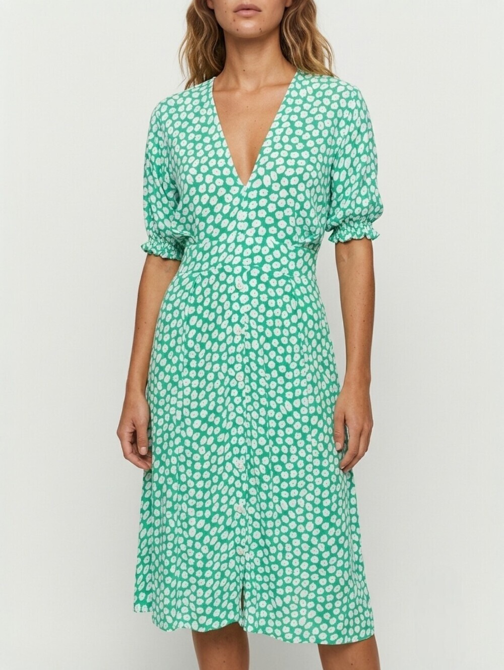 Faithfull The Brand Farah Tea Dress Green White Daisy Print Tie Back Midi Size 4